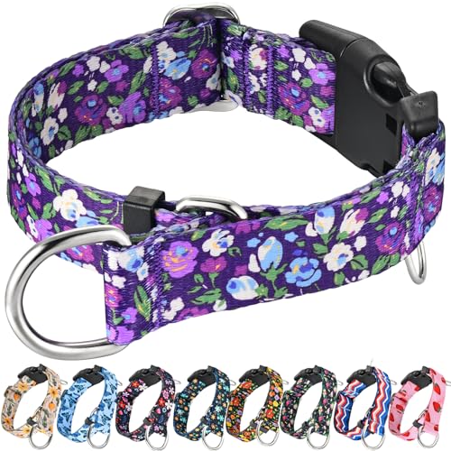 Fidohug Schlupfhalsband für Hunde mit Schnalle, verstellbar, Nylon, Martingal, kein Ziehen, Anti-Entkommen, Trainings-Hundehalsband (violettes Blumenmuster, Größe M) von Fidohug