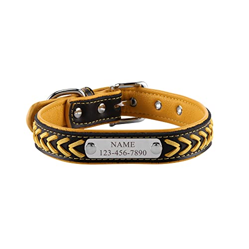 Filhome Katzenhalsband mit Namen und Telefonnummer Leather Katzenhalsbänder Haustier Halsbänder Verstellbar für Kleine Mittelgroße Hunde (26-33cm, Gelb) von Filhome
