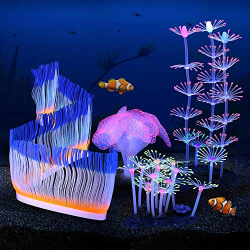 Filhome Leuchtende Aquarium-Dekorationen, 4 Stück leuchtende Aquarium-Dekorationen, leuchtende Meeresanemonen-Korallenpflanzen-Ornamente von Filhome