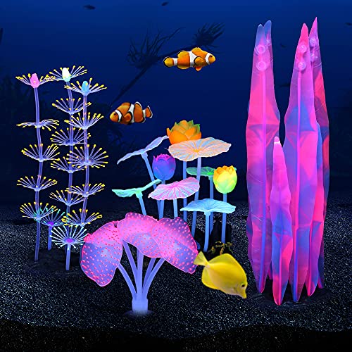 Filhome Leuchtende Aquarium-Dekorationspflanzen, 4 Stück leuchtende Aquarium-Dekorationen, leuchtende Korallenpflanze, Ornamente, Lotus-Tang und Anemone von Filhome