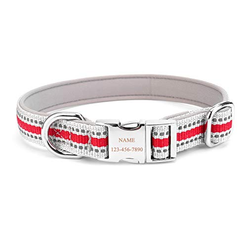 Filhome Personalisierte Reflektierend Hundehalsbänder mit Eingraviertem Namen und Telefonnummer Nylon Halsband für Kleine und Mittlere Hunde Rot/L von Filhome