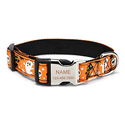 Filhome Personalisiertes Halloween Hundehalsband, individuell Gravur Hundehalsband mit Namensschild, Haustier ID Halsband mit Schnellverschluss (28-40cm, Kätzchen + Geist) von Filhome