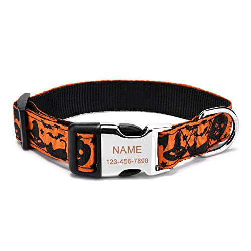 Filhome Personalisiertes Halloween Hundehalsband, individuell Gravur Hundehalsband mit Namensschild, Haustier ID Halsband mit Schnellverschluss (28-40cm, Kürbis + Mütze) von Filhome