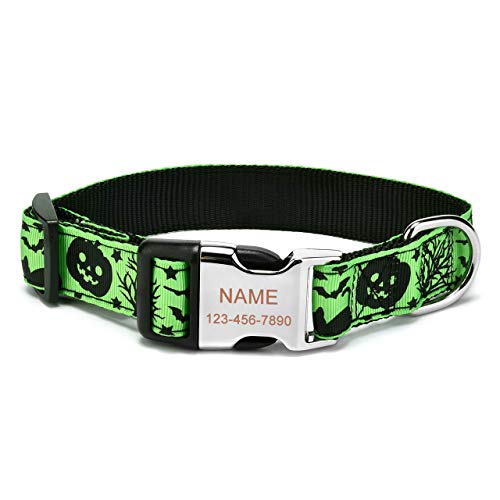 Filhome Personalisiertes Halloween Hundehalsband, individuell Gravur Hundehalsband mit Namensschild, Haustier ID Halsband mit Schnellverschluss (28-40cm, Schläger) von Filhome
