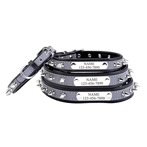 Filhome Personalisiertes reflektierendes Hundehalsband mit eingraviertem Namensschild, Hundehalsband aus Leder mit Nieten von Filhome
