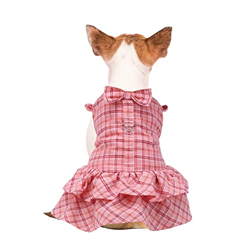 Haustierkleid für Hunde und Katzen, mit Leine, für kleine und mittelgroße Hunde, kariert, rosa Kleid mit Leine, Welpen, Kaninchen, Haustiergeschirr und Leine (M) von Filhome