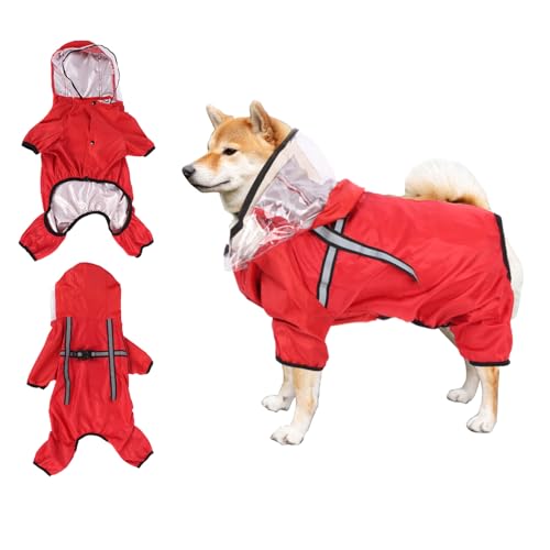 Fililogor Hundemantel mit Kapuze und reflektierenden Schutzstreifen Leichter und schnell trocknender Regenmantel für kleine und mittelgroße Hunde (M, Rot) von Fililogor
