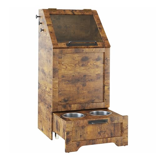 FinerFurnis Hundefutterstation aus Holz mit Stauraum, Klappdeckel, 2 ausziehbare erhöhte Hundenäpfe, moderner Organizer für Hundefutter, Braun von FinerFurnis