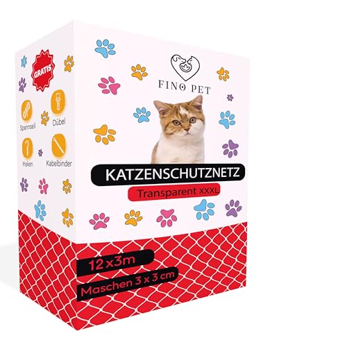 FinoPet Katzennetz 12x3 Meter für Balkon transparent inklusive Befestigungsmaterial, Katzenschutznetz Katzengitter Schutznetz Sicherheitsnetz Balkonnetz für Katzen, Katzennetz für Balkon ohne Bohren von FinoPet