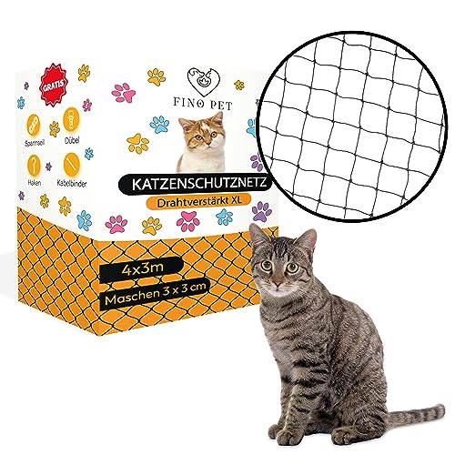 FinoPet Katzennetz für Balkon drahtverstärkt 4x3 Meter inklusive Befestigungsmaterial, Katzenschutznetz Katzengitter Schutznetz Sicherheitsnetz Balkonnetz für Katzen, Katzennetz für Balkon ohne bohren von FinoPet