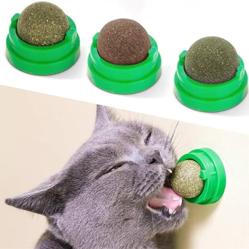 Fiorky 3 Stück Katzenminze-Ball, Katzenspielzeug, Katzen-Leckerli, drehbare essbare Bälle, interaktives Katzenspielzeug, Selbstklebende Katzenminze, Zahnreinigung, Leckbälle, Katzenwand-Snac von Fiorky