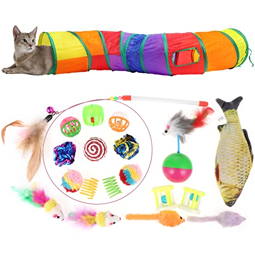 Fippy 20 Stück Katzenspielzeug Set mit Tunnel, Interaktives Katzenspielzeug mit Bälle Federspielzeug Fischspielzeug, Variety Katzenspielzeug für Kitty Katzen von Fippy
