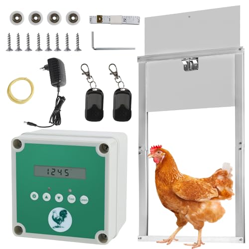 Fiqops Automatische Hühnerklappe, Aluminum Lichtsensor Elektrische hühnerklappe mit Großes Display, Timer, Einklemmschutz, Fernbedienung, Hühnertür Türöffner 60x30cm, Wasserdicht IP44 von Fiqops