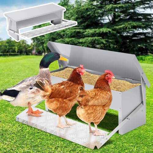 Fiqops Futterautomat Hühner 5KG Futterspender Futtertrog mit Automatisches Pedal und Wasserfest Decke Hühnerfutter für Geflügel, Wasserdicht und rattensicher von Fiqops