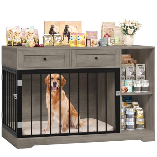 FirFurd Hundekäfig Möbel 120cm breit Hundebox für Zuhause Hundehütte Hundezwinger Hundekäfig aus Metall und Holz Hundebox mit 2 Schubladen 120 x 87 x 60 cm Braun & Schwarz von FirFurd