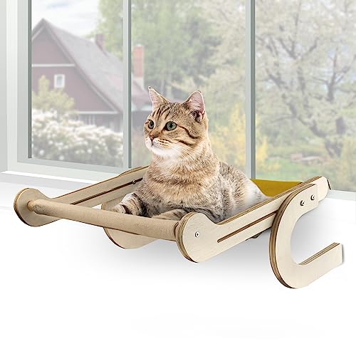 First Stop Shop - Katzen-Fensterstange mit bequemer Bettwäsche – Katzenstange für Fenster & Wand – einfach zu installierende Katzenfensterhängematte aus Holz – Fenster-Katzen-Sitzstange für kleine und von First Stop Shop