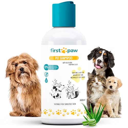 FIRSTPAW 300ml Pet Shampoo, Welpenshampoo, Hundeshampoo und Katzenshampoo mit Aloe Vera - Geeignet für Sensitive Haut, 100% Vegan Rückfettendes Shampoo für alle Hunderassen und Felltypen FIRSTPAW 300ml Pet Shampoo, Welpenshampoo, Hundeshampoo und Katzenshampoo mit Aloe Vera - Geeignet für Sensitive Haut, 100% Vegan Rückfettendes Shampoo für alle Hunderassen und Felltypen von FirstPaw