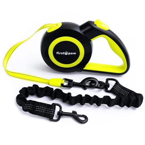 FIRSTPAW Hundeleine, aufrollbar, 5 m, einziehbare Leine für mittelgroße bis große Hunde (bis 20 kg), reflektierende Streifen, Stopp-Knopf – Neon 2024 von FirstPaw