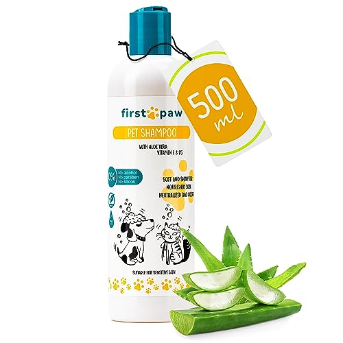 FIRSTPAW Pet Shampoo, Welpenshampoo, Hundeshampoo und Katzenshampoo 500ml mit Aloe Vera - Geeignet für Sensitive Haut, 100% Vegan Rückfettendes Shampoo für alle Hunderassen und Felltypen von FirstPaw