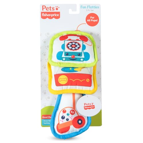 Fisher-Price for Pets 3-teiliges lustiges Flatties-Spielzeug für Hunde, mit klassischen Spielzeug-Designs, mit Quietsch- und Knistergeräuschen, Entwicklungsspielzeug für Hunde von Fisher-Price
