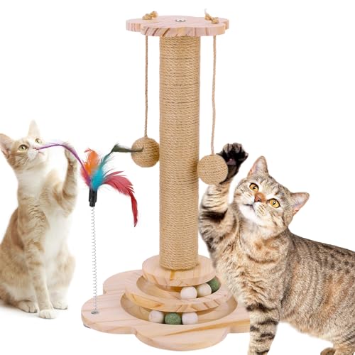 FitRepa Katzenkratzbaum Multifunktionaler Katzenkratzbaum - mit massivem Holzsockel, interaktiver Spur & Federfederspielzeug, Kratzbäume für Indoor-Katzen (46 cm hoch) von FitRepa
