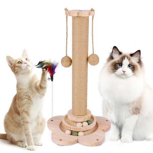FitRepa Katzenkratzbaum Multifunktionaler Katzenkratzbaum - mit massivem Holzsockel, interaktiver Spur & Federfederspielzeug, Kratzbäume für Indoor-Katzen (50 cm hoch) von FitRepa