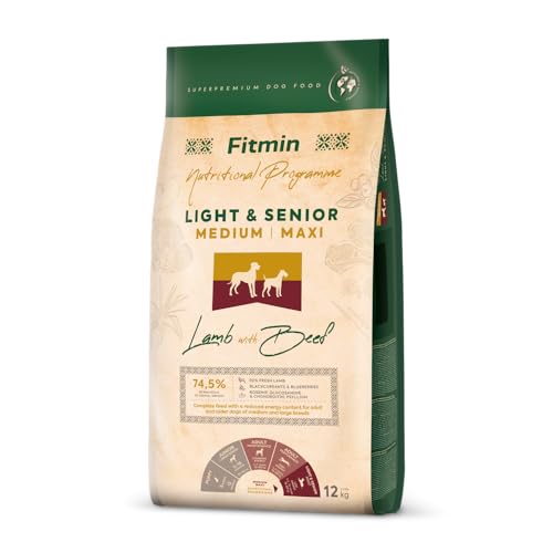 Fitmin Medium Maxi Light & Senior Lamb with Beef | Hundetrockenfutter | Mit Lamm und Rindfleisch | 73% tierischen Rohstoffen | Für ältere Hunde mit reduziertem Energiegehalt | 12kg von Fitmin