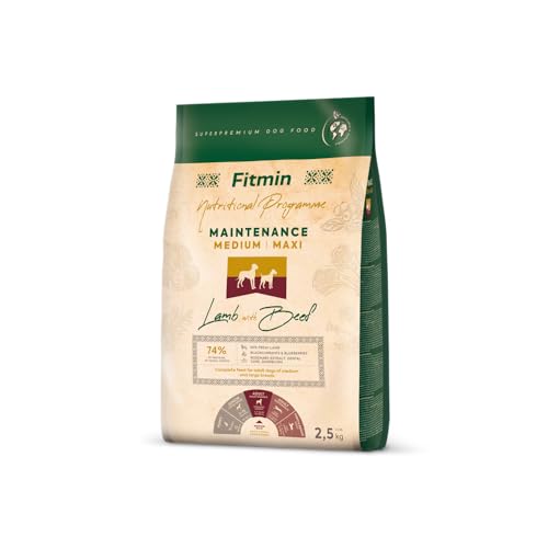Fitmin Medium Maxi Maintenance Lamb with Beef | Hundetrockenfutter | Mit Lamm und Rindfleisch | 74% tierischen Rohstoffen | Für Erwachsene Hunde mittlerer und großer Rassen | 12kg oder 2.5kg (2500) von Fitmin