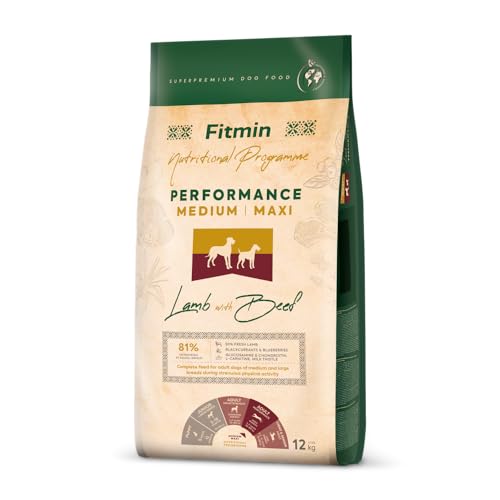 Fitmin Medium Maxi Performance Lamb with Beef | Hundetrockenfutter | Mit Lamm und Rindfleisch | 81% tierischen Rohstoffen | Für Erwachsene Hunde mittlerer und großer Rassen | 12kg von Fitmin