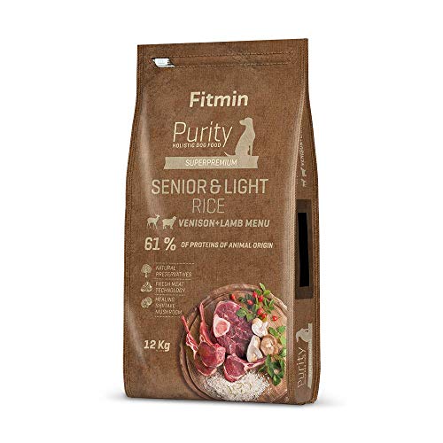 Fitmin dog Purity Rice Senior & Light Venision & Lamb | Hundetrockenfutter | Komplettfutter mit verringertem Energiegehalt | Ideal für übergewichtige Hunde und Senioren 12kg von Fitmin