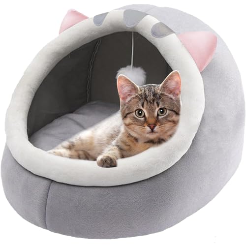 Katzenbett für Hauskatzen Halbgeschlossenes Niedliches Katzenhauszelt mit Flauschigem Ball Weicher Warmer Kätzchenhöhle für Kleintiere von Fituenly