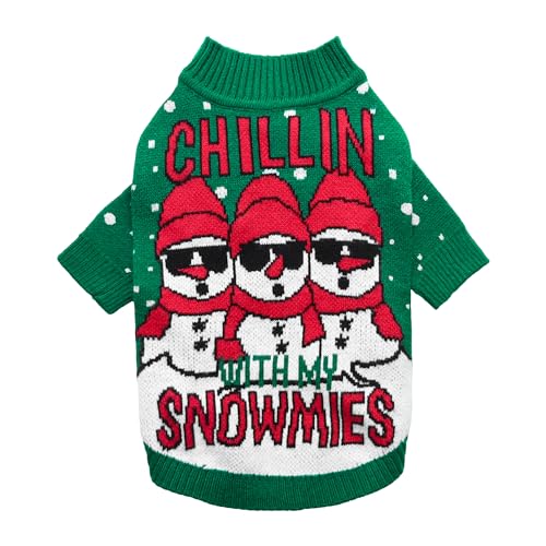 Fitwarm Chillin with My Snowmies Hund Hässliche Weihnachtspullover Winter Hundekleidung für Kleine Hunde Mädchen Junge Haustier Urlaub Sweatshirt Katze Xmas Outfit Grün Rot Weiß Large von Fitwarm