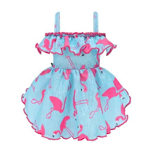 Fitwarm Flamingo Hundekleid, Sommer-Hundekleidung für kleine Hunde und Mädchen, gerüschtes Hawaii-Hunde-Sommerkleid, Haustier-Outfit, Blau, Rosa, Größe M von Fitwarm