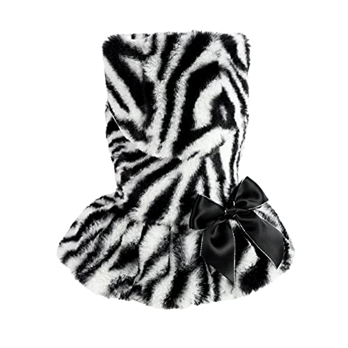 Fitwarm Flauschiges Kunstfell Zebra Hundekleider mit Schleife Doggie Kleid Knopf Hundemäntel Haustier Jacken Katze Winter Kleidung Hoodie Sweatshirt Schwarz Groß von Fitwarm