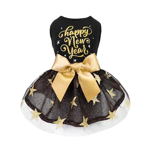 Fitwarm Frohes neues Jahr Hundekleid Sparkly Hundekleidung für Kleine Hunde Mädchen Urlaub Pet Tutu Kleid Katze Outfit Schwarz Gold XXS von Fitwarm