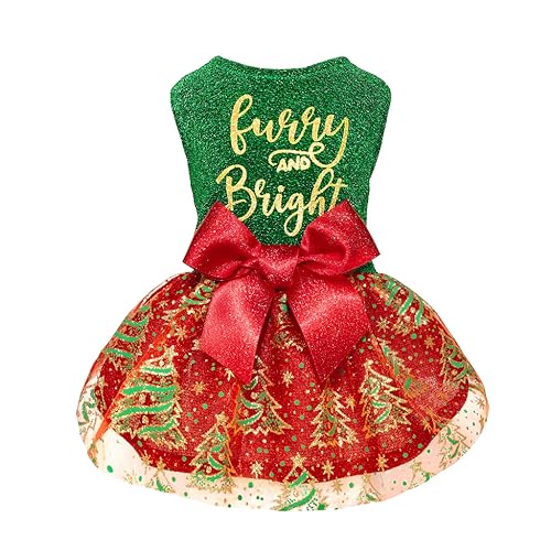 Fitwarm Furry and Bright Dog Christmas Outfit, Sparkly Pet Holiday Tulle Dress, Dog Winter Clothes for Small Dogs Girl, Cat Apparel, Red, Green, Golden Small von Fitwarm