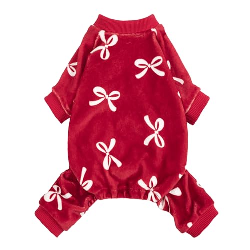 Fitwarm Hunde-Pyjama mit Schleife, warme Kleidung für kleine Hunde und Mädchen, Fleece-Haustier-Einteiler mit Füßen, Burgunderrot, Weiß, Größe XS Fitwarm Hunde-Pyjama mit Schleife, warme Kleidung für kleine Hunde und Mädchen, Fleece-Haustier-Einteiler mit Füßen, Burgunderrot, Weiß, Größe XS von Fitwarm
