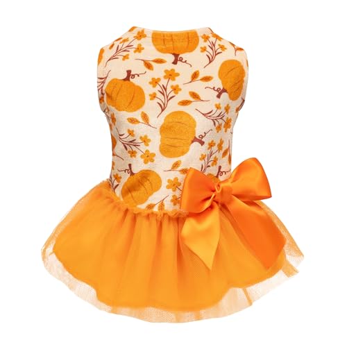 Fitwarm Kürbisblumen-Hundekleid, Thanksgiving-Outfit für kleine Hunde und Mädchen, Herbst-Haustier-Outfit, Beige, Orange, Größe L von Fitwarm