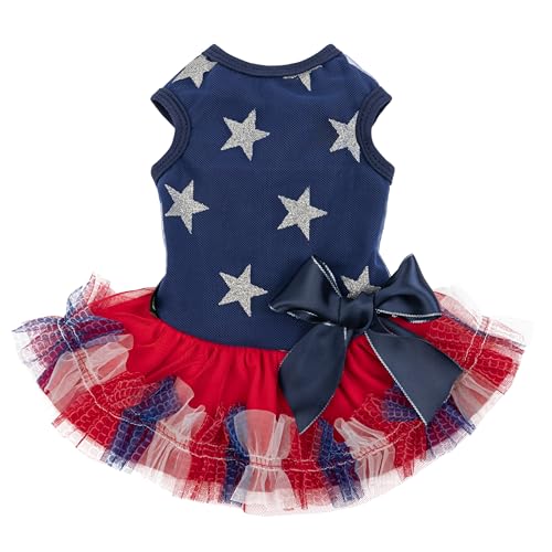 Fitwarm Patriotisches Hundekleid mit glitzernden Sternen, Kleidung für kleine Hunde und Mädchen, Haustier-Outfit, Königsblau, Rot, Silber, Größe XS von Fitwarm