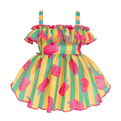 Fitwarm Strawberry Ice Pop Hundekleid, gestreifte Sommer-Hundekleidung für kleine Hunde Mädchen, Haustier-Outfit, Grün, Gelb, Hellrosa, XXS von Fitwarm