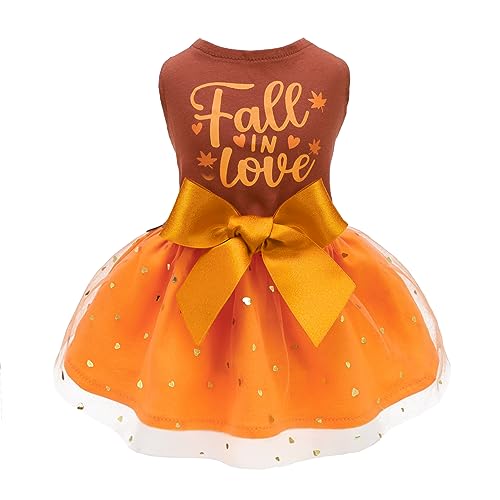 Fitwarm Thanksgiving Fall in Love Hundekleid, Glitzernde Hundekleidung für kleine Hunde Mädchen, Urlaub Haustier Tutu Kleid Katze Outfit Braun Orange Medium von Fitwarm
