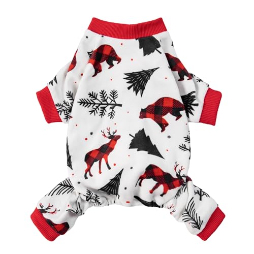 Fitwarm Weihnachtspyjama mit Rentier-Motiv, Winterkleidung für kleine Hunde, Jungen, Mädchen, Fleece-Einteiler mit Füßen, Urlaubs-Haustier-Outfit, Schwarz, Weiß, Rot, Größe XL von Fitwarm