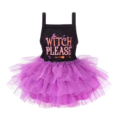 Fitwarm Witch Please Halloween-Tutu-Kleid für Hunde, lustige Halloween-Kostüme für kleine Mädchen, Hunde, Haustier-Outfit, Schwarz, Lila, Größe L von Fitwarm