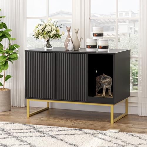 Katzentoiletten-Gehäuse, geriffelte versteckte Katzentoilette Möbel mit Kratzunterlage und Metallbeinen, moderner geschlossener Katzenschrank, 80 x 45 x 55 cm, Haustierhaus für Wohnzimmer, Waschraum Katzentoiletten-Gehäuse, geriffelte versteckte Katzentoilette Möbel mit Kratzunterlage und Metallbeinen, moderner geschlossener Katzenschrank, 80 x 45 x 55 cm, Haustierhaus für Wohnzimmer, Waschraum von FiveWillowise