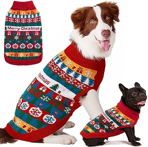 Fiyade Hundepullover Weihnachten, Weihnachtspullover Hundemantel, Weicher Schneeflocken Strickpullover Sweater, Geschenk Hunde Rollkragenpullover Klein Mittelgroße Hunde Katzen, Rot, L von Fiyade