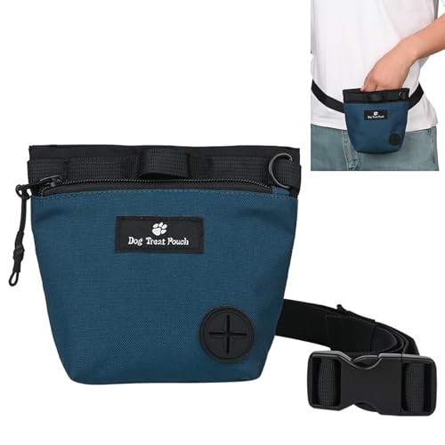 Fjquamitix Leckerli-Tasche für Hunde, freihändig mit Magnetverschluss, verstellbarer Hüftgurt, Trainingstasche, tragbare Snack-Tasche für Spaziergänge im Freien (Blau, Tierdruck) von Fjquamitix