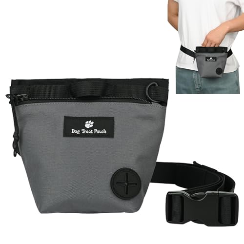 Fjquamitix Leckerli-Tasche für Hunde, freihändig mit Magnetverschluss, verstellbarer Hüftgurt, Trainingstasche, tragbare Snack-Tasche für Spaziergänge im Freien (Grau, Tierdruck) von Fjquamitix