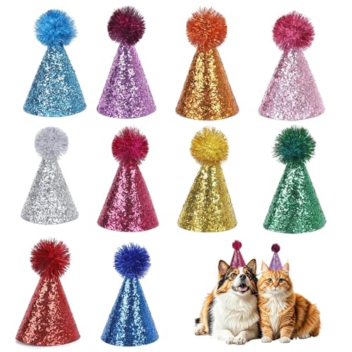 Fjquamitix Mini-Partyhüte für Spielzeugtiere, kleine Haustiere und Stofftiere, bunte Pailletten-Urlaubshüte mit Pompons, verstellbar, für Hunde, Katzen, Hasen, Größe L, 10 Stück von Fjquamitix