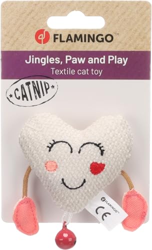 Flamingo Katzenspielzeug – Lovu Herz – 9cm – Textil – mit Glöckchen & Catnip – beige – Katzenspielzeug von Flamingo