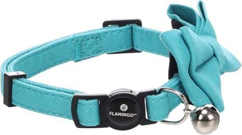 Flamingo Halsband mit Schleife Lomi Hellblau – 20-35cm x 10mm x 2mm, Mit Abnehmbarem Schleifchen und Katzenbändchen für Katzen von Flamingo